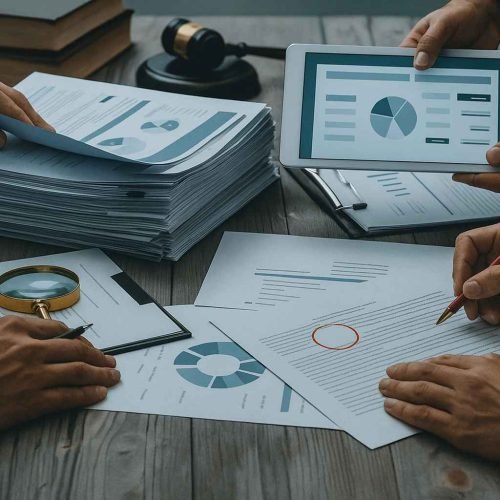 Mesa de reunião com empresários revisando documentos de dívidas (passivos bancários), gráficos em tablet e martelo de juiz ao fundo, simbolizando a gestão de passivos empresariais.