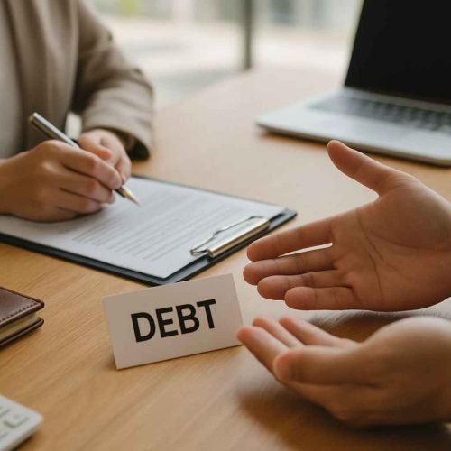 Duas pessoas negociando dívidas bancárias em um escritório, com documentos, calculadora e uma placa escrita “DEBT” sobre a mesa.