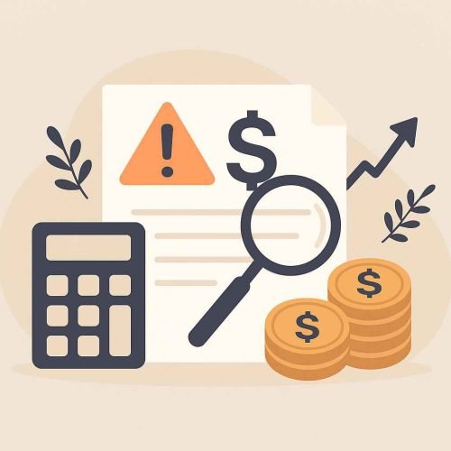 Ilustração com calculadora, lupa, moedas e documento com alerta, representando a análise de juros abusivos em contratos bancários.