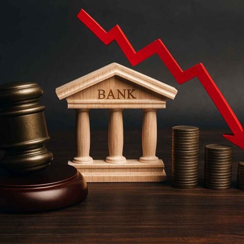 Miniatura de banco, pilhas de moedas em queda e seta vermelha apontando para baixo, ao lado de um martelo de juiz, representando o endividamento bancário e suas consequências.