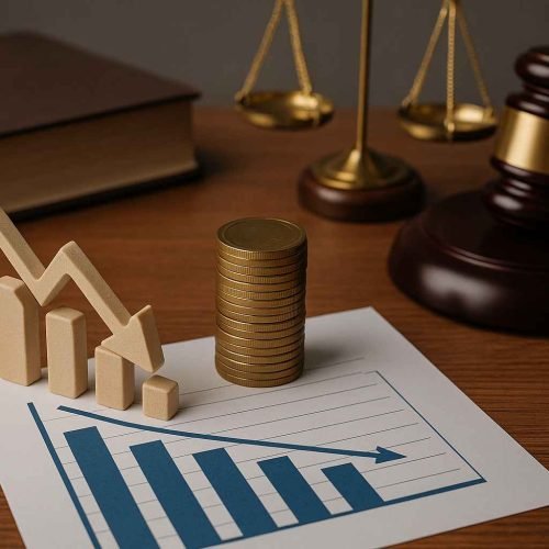 Gráfico de queda ao lado de pilhas de moedas, balança da justiça, livro jurídico e martelo de juiz, representando estratégias para reduzir o passivo da empresa.