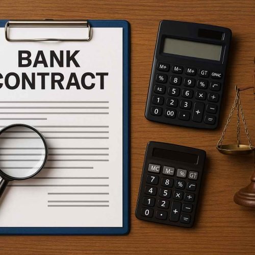 Prancheta com contrato bancário, lupa, calculadoras e balança da justiça sobre a mesa, representando auditoria de contratos bancários.