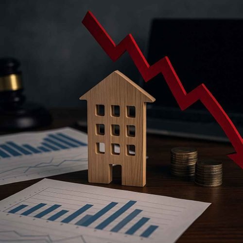 Casa em miniatura representando empresa, com seta vermelha em queda, moedas empilhadas e documentos financeiros ao fundo, simbolizando crise financeira empresarial.