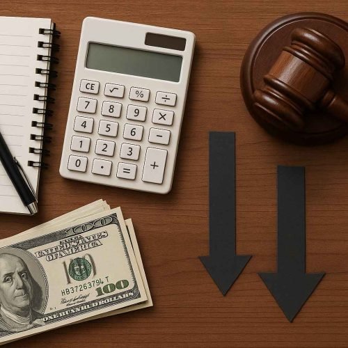 Mesa com cédulas de dólar, calculadora, bloco de notas, martelo de juiz e duas setas para baixo, representando estratégias para reduzir passivos bancários.