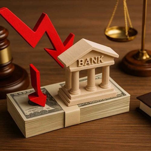 Miniatura de banco sobre maço de dinheiro com setas vermelhas apontando para baixo, ao lado de um martelo de juiz e balança da justiça, simbolizando redução de dívidas bancárias empresariais.