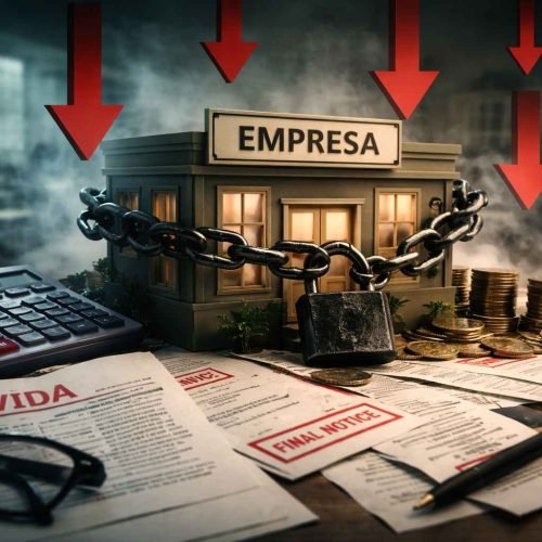 Empresa representada por um prédio com a palavra “Empresa” acorrentado por uma corrente e cadeado, cercado por documentos de dívida bancária, calculadora, moedas empilhadas e setas vermelhas apontando para baixo, simbolizando o impacto das dívidas bancárias no funcionamento da empresa.