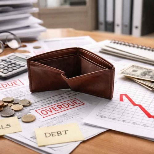 Carteira vazia sobre documentos financeiros com contas vencidas, gráfico em queda, moedas, dinheiro e calculadora, representando empresa sem capital de giro e dificuldades no fluxo de caixa.