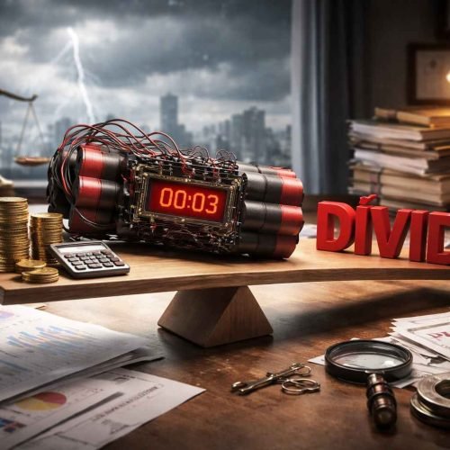 Bomba-relógio simbolizando dívida empresarial sobre uma balança, cercada por moedas, documentos financeiros e a palavra “Dívida”, representando os riscos do endividamento empresarial.