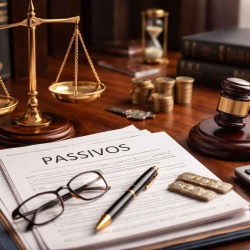 Mesa jurídica com documentos de passivos, balança da justiça, calculadora, moedas e martelo do juiz, representando a atuação de advogado especializado em gestão de passivos empresariais.