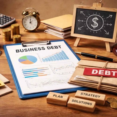 Imagem com relatório de “Business Debt”, gráficos financeiros, moedas empilhadas, martelo do juiz, calculadora e documentos de dívida, representando estratégias para gestão de dívidas empresariais.