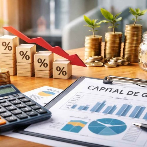 Imagem com planilha de capital de giro, calculadora, gráfico financeiro, moedas empilhadas, seta de redução de juros e ícones de porcentagem, representando diminuição de parcelas empresariais.