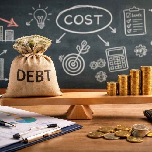 Imagem com balança financeira, saco escrito “debt”, pilhas de moedas, calculadora e gráficos ao fundo, representando estratégias para redução de dívidas empresariais.