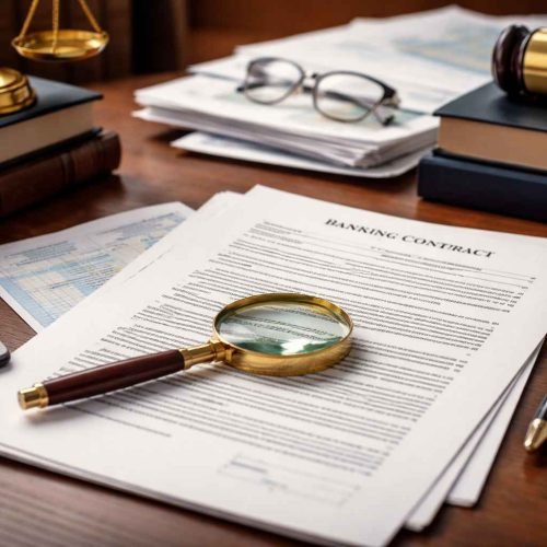 Imagem de um contrato bancário sobre uma mesa com uma lupa, martelo do juiz, balança da justiça, calculadora e caneta, representando análise jurídica e revisão de contrato financeiro.