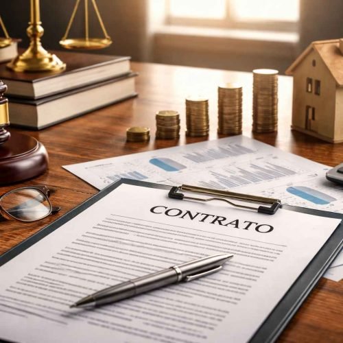Imagem representando revisão de contrato bancário por empresa, com documento sobre mesa, moedas empilhadas, casa em miniatura, calculadora e símbolos jurídicos.