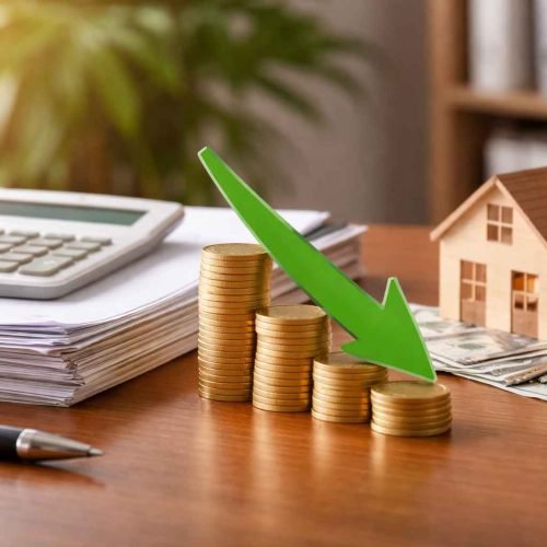 Imagem ilustrando redução de parcelas de empréstimo com pilhas de moedas em queda e seta verde apontando para baixo, simbolizando diminuição de custos financeiros.