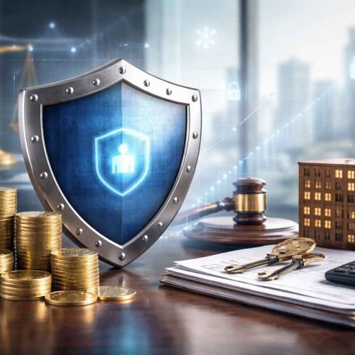Imagem representando blindagem patrimonial empresarial com escudo de proteção, moedas e elementos jurídicos simbolizando segurança financeira e proteção de bens da empresa.