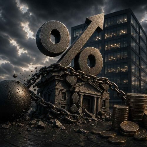 Estrutura bancária sendo esmagada por um enorme símbolo de porcentagem preso por correntes, com moedas espalhadas e um edifício corporativo ao fundo sob um céu de tempestade, simbolizando o peso excessivo dos encargos financeiros.