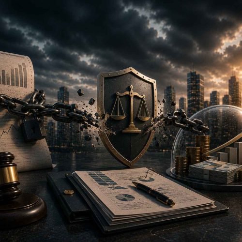 Escudo metálico rompendo uma corrente presa a documentos financeiros, enquanto uma redoma protege recursos e ativos empresariais diante de um cenário corporativo sob céu tempestuoso.