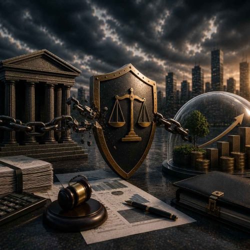 Escudo metálico rompendo uma corrente ligada a uma estrutura bancária, enquanto documentos financeiros e uma redoma protegem ativos empresariais diante de um cenário urbano sob céu tempestuoso.