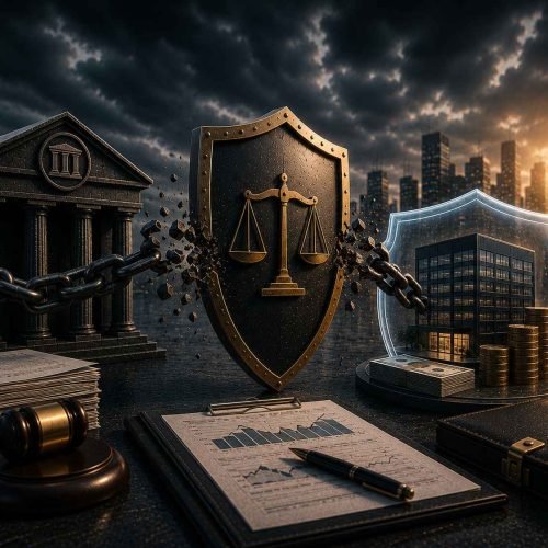 Escudo metálico rompendo correntes que ligam uma instituição financeira a uma empresa protegida por uma barreira luminosa, simbolizando a suspensão de restrições de crédito e a recuperação da reputação financeira.