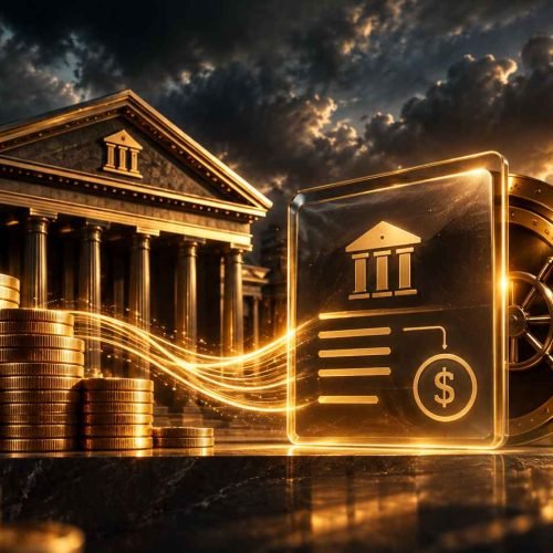 Imagem conceitual sobre como usar o provisionamento bancário, com banco, moedas, cofre e elementos financeiros em cenário sofisticado em tons dourados e escuros.