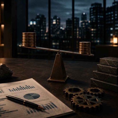 Mesa corporativa sofisticada com balança financeira, moedas, gráficos e documentos representando equilíbrio de passivos empresariais.