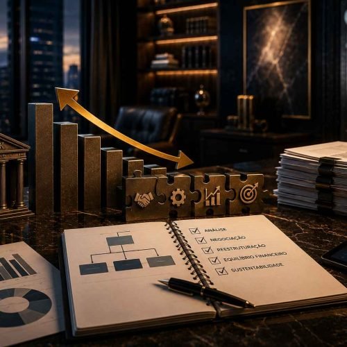 Mesa corporativa com gráficos financeiros, documentos organizados, peças estratégicas e símbolos bancários em ambiente jurídico sofisticado.