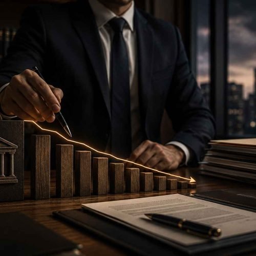 Mesa corporativa sofisticada com gráficos financeiros em queda, documentos jurídicos e estratégia de redução de dívidas bancárias em ambiente cinematográfico.
