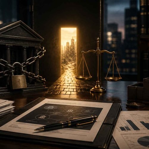 Ambiente jurídico corporativo com documentos financeiros, símbolo de justiça e estrutura bancária acorrentada em iluminação cinematográfica.