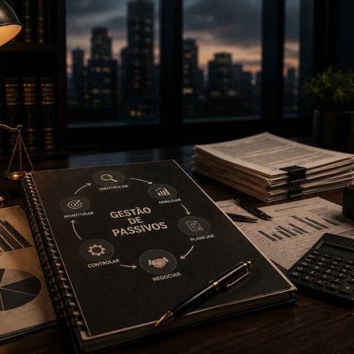 Mesa corporativa sofisticada com relatórios financeiros, calculadora, documentos estratégicos e ambiente jurídico iluminado de forma cinematográfica.