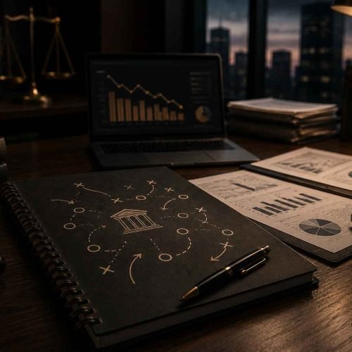 Mesa corporativa sofisticada com relatórios financeiros, peças de xadrez, gráficos e elementos jurídicos em ambiente cinematográfico.