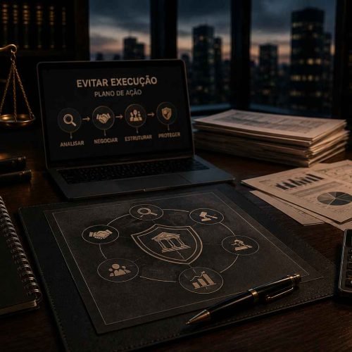Mesa corporativa jurídica com relatórios financeiros, calculadora, documentos estratégicos e elementos de proteção patrimonial em iluminação cinematográfica.