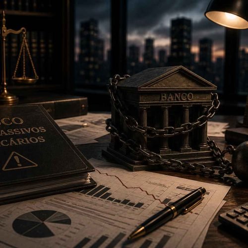 Ambiente corporativo jurídico com gráficos financeiros negativos, estrutura bancária acorrentada e documentos estratégicos sobre mesa sofisticada.