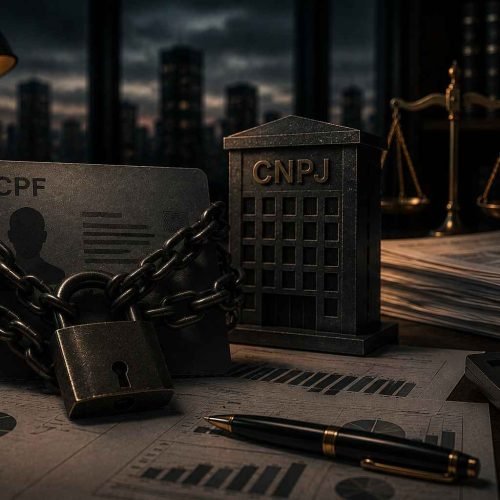 Documento de CPF acorrentado ao lado de estrutura empresarial representando vínculo entre dívidas empresariais e restrições pessoais em ambiente jurídico sofisticado.