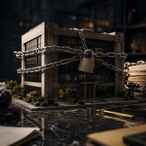 Prédio corporativo em miniatura preso por correntes e cadeado sobre mesa jurídica sofisticada com documentos e iluminação cinematográfica.
