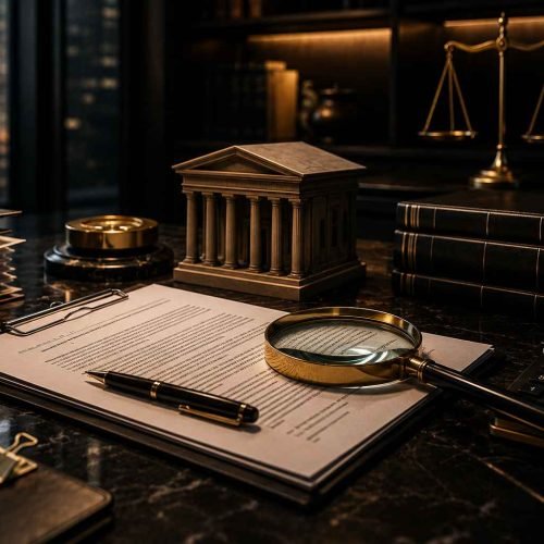 Mesa jurídica sofisticada com contratos, lupa, calculadora financeira e miniatura de banco em ambiente corporativo luxuoso.