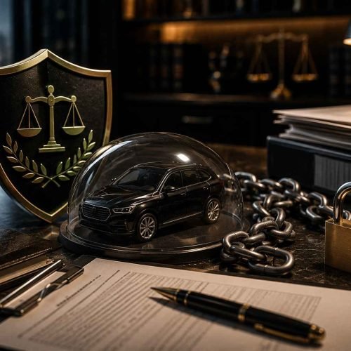 Miniatura de veículo protegida por redoma de vidro ao lado de escudo jurídico, correntes e documentos financeiros em escritório sofisticado.