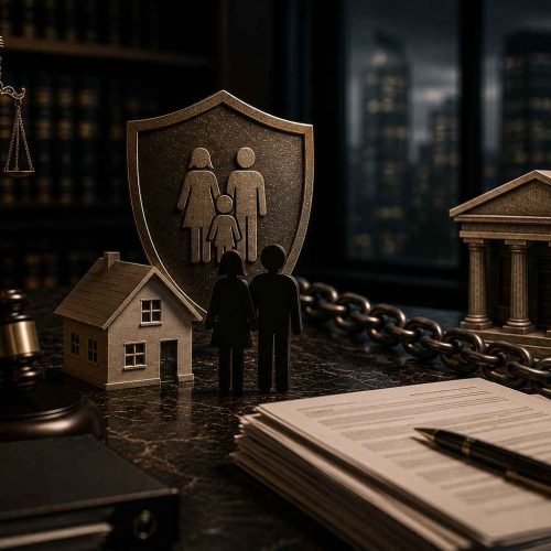 Cônjuge do sócio em execução bancária: símbolos de proteção familiar e patrimônio ao lado de elementos jurídicos e bancários