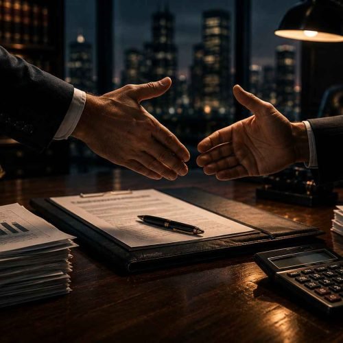 Aperto de mãos sobre contratos financeiros em escritório corporativo sofisticado com iluminação cinematográfica.