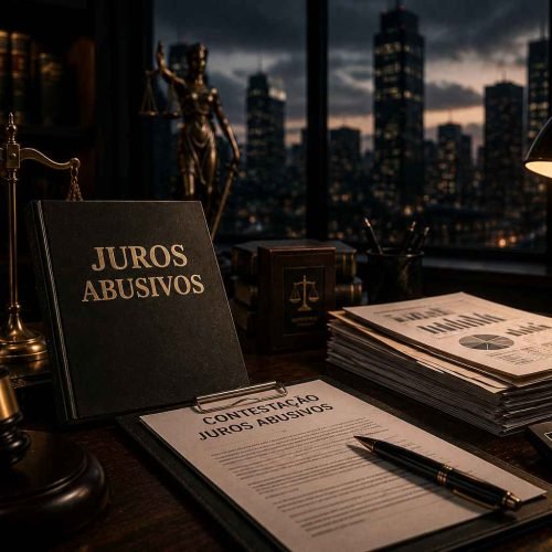 Mesa jurídica sofisticada com documentos financeiros, calculadora e materiais sobre contestação de juros abusivos.