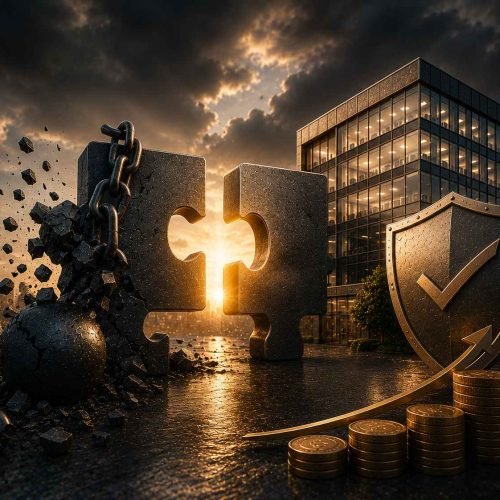 Duas peças de quebra-cabeça prestes a se encaixar, uma delas rompendo correntes pesadas, diante de um edifício corporativo protegido por um escudo metálico e iluminado por um feixe de luz, simbolizando a reconstrução financeira da empresa.