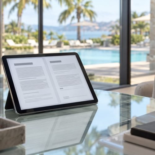 Tablet com um contrato aberto sobre mesa de vidro em sala de vendas envidraçada, com piscina de resort desfocada do lado de fora