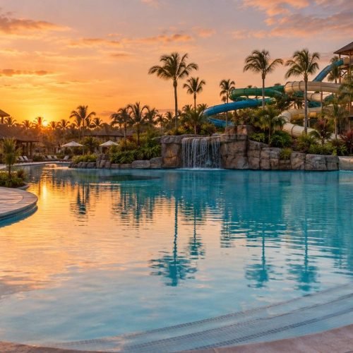 Parque aquático de resort ao entardecer, com toboáguas ao fundo e piscina calma em primeiro plano