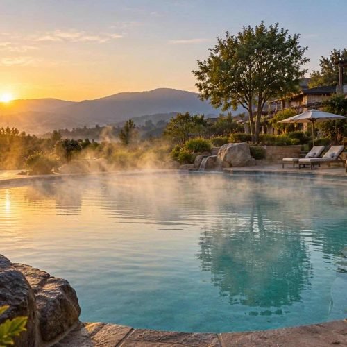 Piscina termal de resort ao amanhecer, com vapor sobre a água e espreguiçadeiras vazias