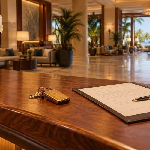 Balcão de recepção de hotel de resort com chaves de quarto e um contrato sobre a madeira
