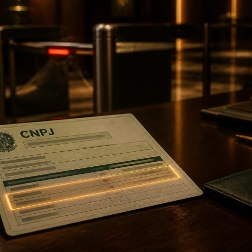 Cliente possui CNAE restrito por normas internas: cartão de CNPJ com código de atividade destacado diante de acesso bancário bloqueado