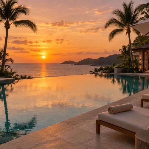 Como cancelar cota de resort GAV: piscina de resort vazia ao entardecer, com espreguiçadeiras e palmeiras, sem pessoas