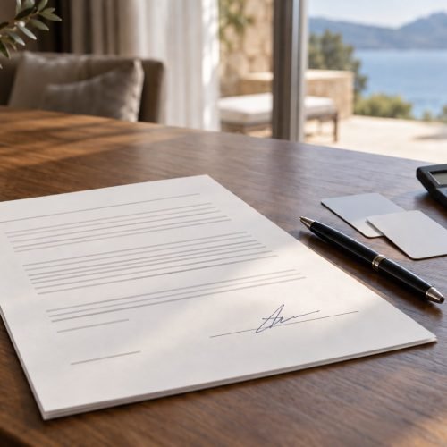 Como cancelar cota de resort: contrato de cota de resort sobre uma mesa com chave de hotel e boleto, piscina desfocada ao fundo sob luz natural