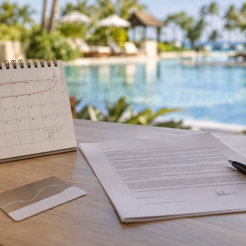 Calendário de mesa com a primeira semana circulada a caneta, ao lado de contrato impresso e cartão-chave de hotel
