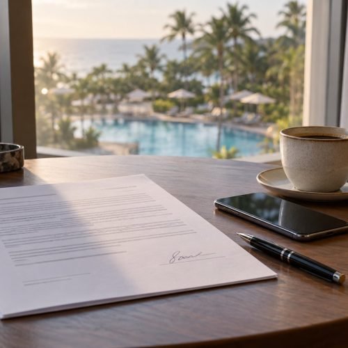 Contrato recém-assinado sobre a mesa de um quarto de hotel, ao lado de caneta, celular e xícara de café, com piscina de resort ao fundo